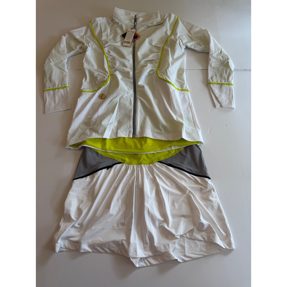 SwingDish Womens Golf Jacket and Skirt Set White Neon Lime Green Size Medium NWT